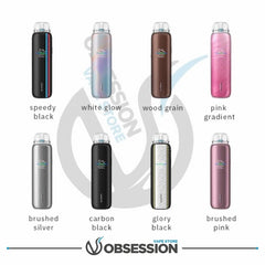 Various colored vape devices with labels on a white background, featuring the brand 'Obsession Vape Store'.