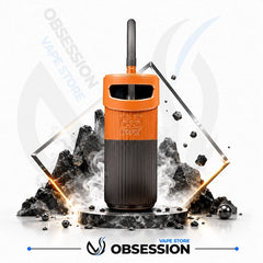 An orange and black disposable vape device stands centered on a pedestal with dramatic dark rocks, floating fragments, and smoke effects. The Obsession Brand logo appears at the bottom, and a faint Obsession Store watermark is visible in the background.