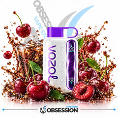 A white and purple VOOZ vape device with a digital screen, surrounded by fresh red cherries and a glass of cola with a dramatic liquid splash on a white background. The brand 'Obsession' is visible at the bottom.