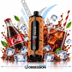 A black and brown patterned vape device labeled 'COLA ICE' stands centered in front of a stylized cola bottle, a glass of iced cola with ice cubes, leaves, and a straw on a white background. Large text includes 'OBSESSION VAPE STORE' and 'OBSESSION'.