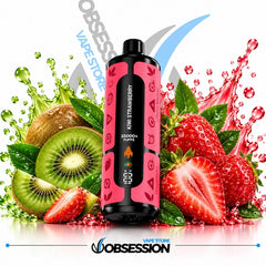 A black and pink Obession vape device labeled 'Kiwi Strawberry' is centered against a white background, surrounded by fresh strawberries, kiwi slices, kiwi skin, green leaves, and red liquid splashes. The Obession Vape Store logo is visible at the bottom and as a watermark.