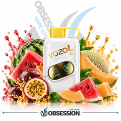A white Vozol disposable vape device with a yellow mouthpiece and a digital screen on the front, surrounded by fresh fruit slices including watermelon, cantaloupe, passion fruit, and cantaloupe melon, with orange and red liquid splashes on a white background. The Obsession brand logo is visible at the bottom.