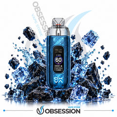 A blue and silver Obsession vape device with a digital display screen, set against a dynamic background of ice cubes and black rocks with water splashes. The brand name 'OBSESSION' is visible at the bottom and as a diagonal watermark.