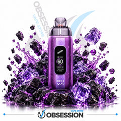 A purple disposable vape device with a digital display screen, surrounded by a stylized splash of purple liquid and black ice cubes on a white background, with 'OBSESSION' branding visible.
