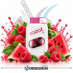 A white Vozol disposable vape device with a pink mouthpiece, surrounded by fresh watermelon slices, raspberries, and mint leaves on a white background with Obsession Vape Store branding.