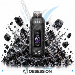A black Obsession vape device with a digital display screen, shown in the center of a stylized graphic with black coal chunks and water splashes on a white background. The Obsession brand logo is visible at the bottom.