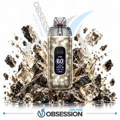 A metallic gold and silver vape device with a digital screen showing '60' and 'CRONET' stands, set against a dramatic background of shattered gold and silver crystals. The brand 'Obsession' is visible in the background and bottom watermark.