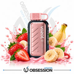 A Voozol disposable vape device in pink and black, surrounded by fresh strawberries, sliced bananas, and pink drink splashes on a white background, with Obsession Vape Store branding.