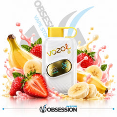 A white Vozol vape device with a yellow mouthpiece and a gold digital display, surrounded by fresh fruit slices, strawberries, and banana splashes on a white background. The Obsession / Obsesi Vape Store branding is visible.