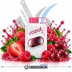 A white Vozol vape device with a pink mouthpiece and a digital display, surrounded by fresh strawberries, raspberries, and cherries with red liquid splashes. The background is white with Obsession Vape Store branding.