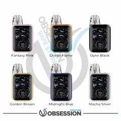 Six different colored vape devices with 'Obsession Vape Store' branding.