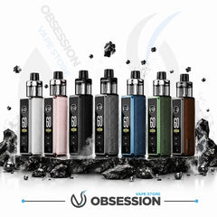 Eight vape devices in different colors (black, silver, rose gold, gray, blue, green, brown) lined up on a stylized background with rocks and smoke effects. The Obsession brand logo is visible at the bottom.