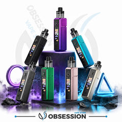 Six Obsession vape devices in different colors (purple, blue, green, pink, silver, and black) arranged on geometric pedestals with a glowing purple and blue background.