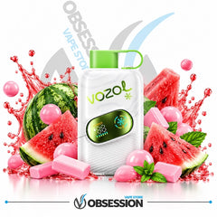 A Vozol disposable vape device in white with a green mouthpiece and a green display screen, surrounded by watermelon slices, pink bubblegum, mint leaves, and pink vape pods on a white background with Obsession and Obsess vape store branding.