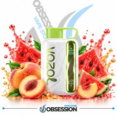 A white Vozol vape device with a bright green mouthpiece and side panel, surrounded by fresh watermelon slices, peach halves, and orange juice splashes on a white background. The Obsession Vape Store logo is visible at the bottom.