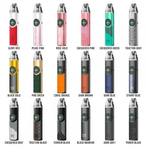 Various colored vape devices with labels on a white background