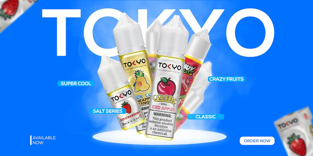 TOKYO vape juice bottles on a blue background with branding and product types.