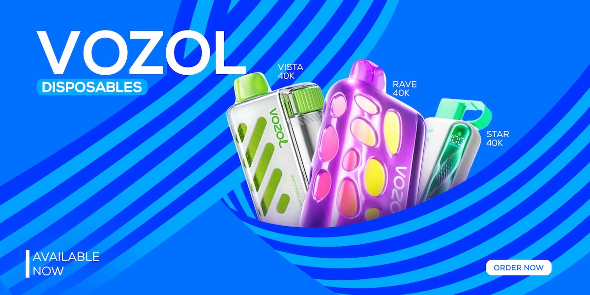 VOZOL disposable devices on a blue background with product names and 'Available Now' text.