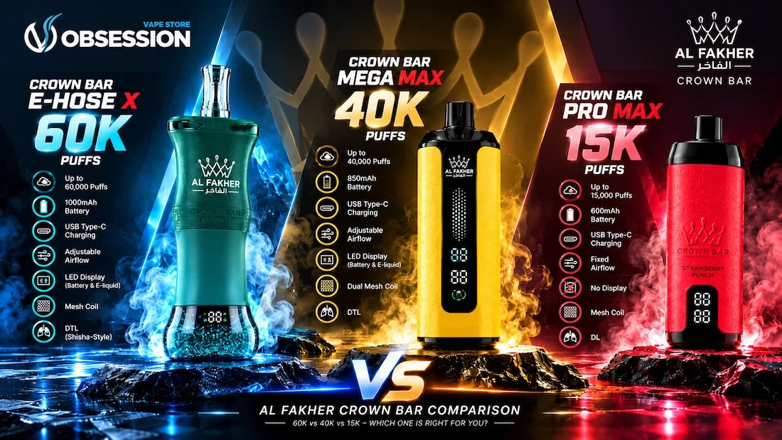 Al Fakher Crown Bar comparison in Egypt – E-Hose X 60K vs Mega Max 40K vs Pro Max 15K, featuring specifications and key differences | OVSEG