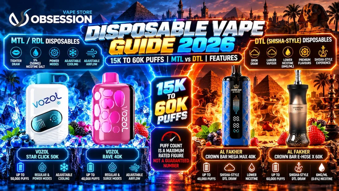 Disposable Vape Guide Egypt 2026 by OVSEG – Compare VOZOL Star Click 50K, VOZOL Rave 40K, Al Fakher Crown Bar Mega Max 40K and E-Hose X 60K, including MTL vs DTL vaping, puff counts and key features.