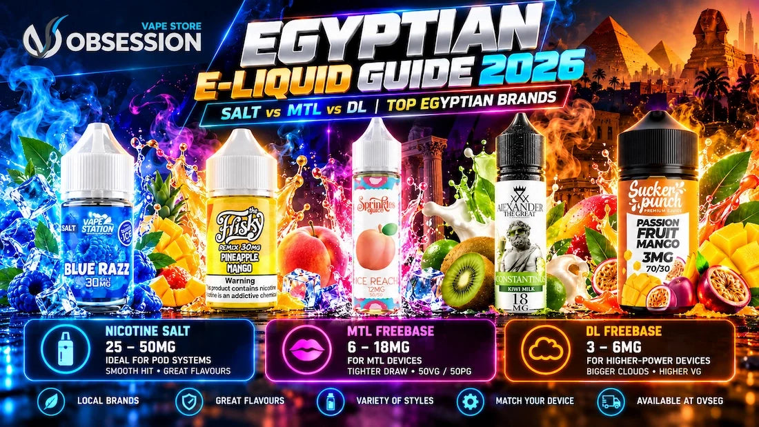 Egyptian E-Liquid Guide 2026 – Salt vs MTL vs DL comparison featuring Vape Station, Frisky, Sprinkles, Alexander The Great and Sucker Punch, covering nicotine strengths, VG/PG ratios and Egyptian vape juice brands | OVSEG