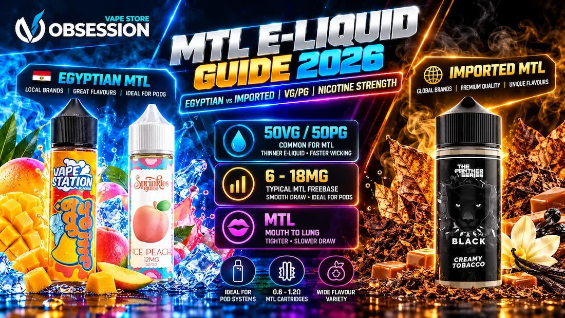 MTL E-Liquid Guide Egypt 2026 – Egyptian vs Imported MTL comparison featuring Vape Station Mango, Sprinkles Ice Peach and Dr Vapes Panther Black, covering VG/PG ratios, nicotine strengths and pod compatibility | OVSEG