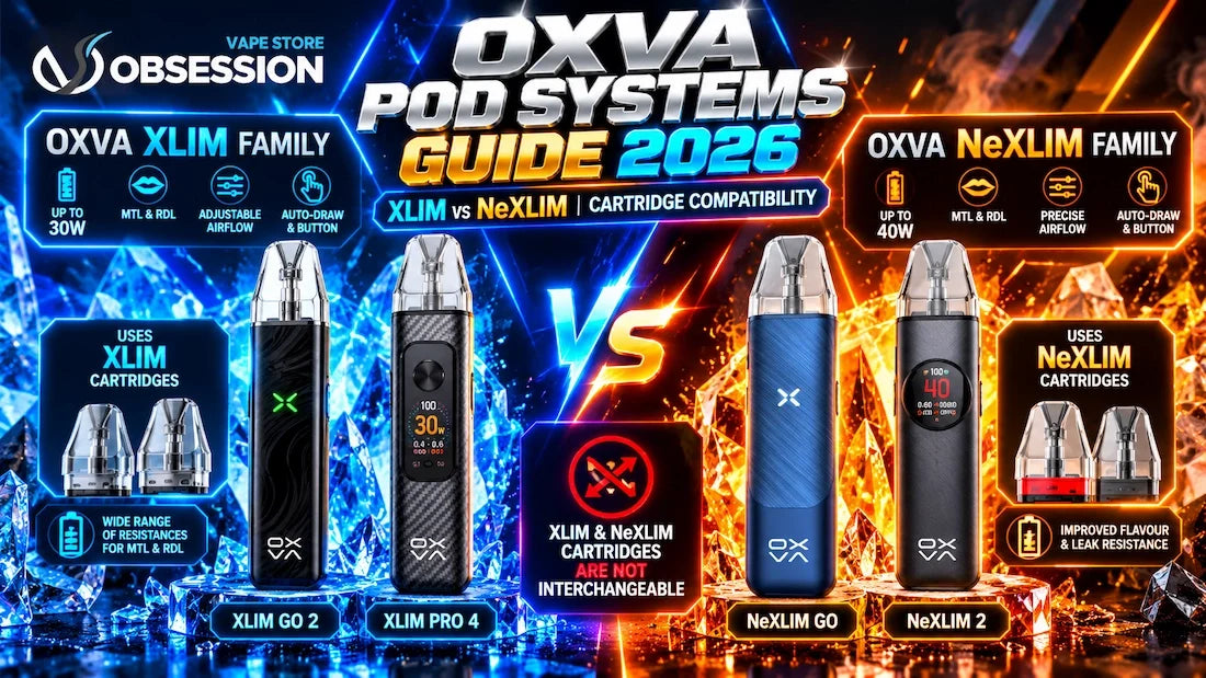 OXVA Pod Systems Guide Egypt 2026 – XLIM vs NeXLIM comparison featuring XLIM GO 2, XLIM PRO 4, NeXLIM GO and NeXLIM 2, highlighting specifications, power output and cartridge compatibility | OVSEG