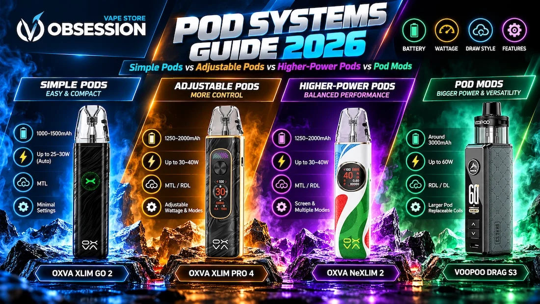 Pod Systems Guide Egypt 2026 – Comparison of OXVA XLIM GO 2, XLIM PRO 4, NeXLIM 2 and VOOPOO Drag S3, covering simple pods, adjustable pods, higher-power pods and pod mods | OVSEG