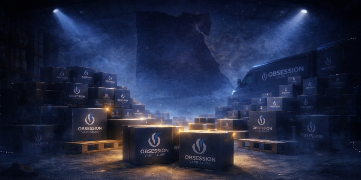 Stacks of Obsession branded boxes in a dark, misty warehouse setting.