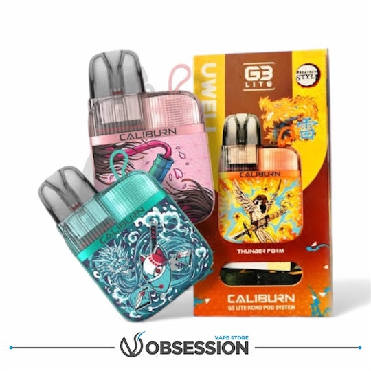 Three Caliburn vape devices with colorful designs and packaging on a white background.