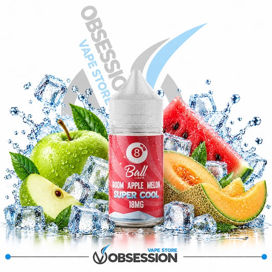 8 Ball Liquid Boom Apple Melon Super Cool 18MG shows a bottle of 8 Ball Liquid "Boom Apple Melon Super Cool" vape juice (18mg) with a translucent white dropper cap covered in condensation droplets, centered amidst a vibrant mix of chilled fresh fruits