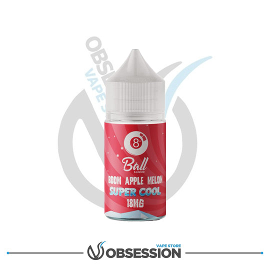 Red vape juice bottle with white cap on a white background, featuring '8 Ball' branding.