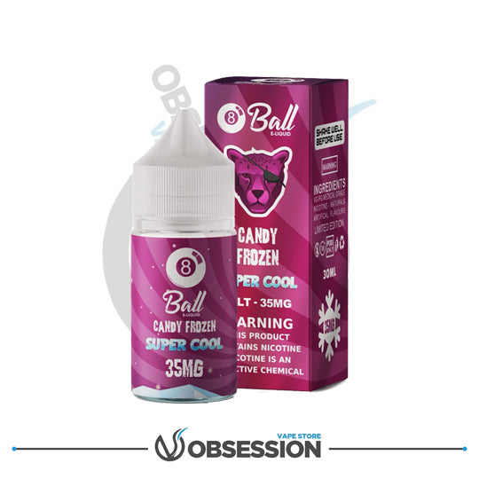 8 Ball Candy Frozen Super Cool vape juice bottle and packaging on a white background with 'Obsession' branding.