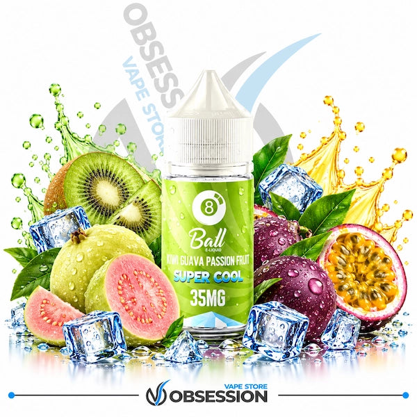 A bottle of Ball Vapes 'Mini Guava Passion Fruit Super Cool' e-liquid, 35mg, centered against a white background with vibrant graphics of sliced kiwi, whole and sliced guava, passion fruit, green leaves, and ice cubes. The background features a large diagonal 'OBSESS VAPE STORE' watermark and a 'OBSESSION' logo at the bottom.