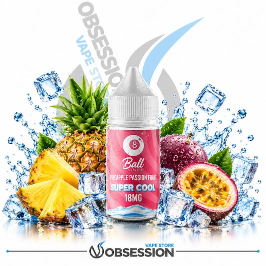 8 Ball Pineapple Passion Fruit Super Cool MTL 30ml shows a bottle of 8 Ball Liquid "Pineapple Passion Fruit Super Cool" vape juice (18mg) featuring a droplet-covered translucent white dropper cap, positioned centrally within a vivid tropical fruit and cooling presentation:
