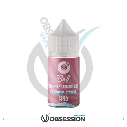 Vape juice bottle with pink label on a white background, featuring '8 Ball' branding.