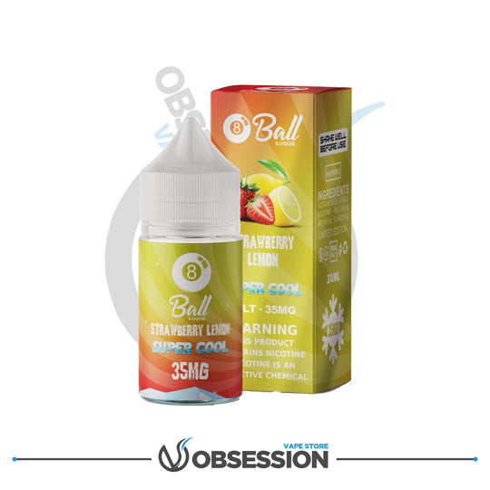 8 Ball Strawberry Lemon vape juice bottle and packaging on a white background with 'Obsession' branding.