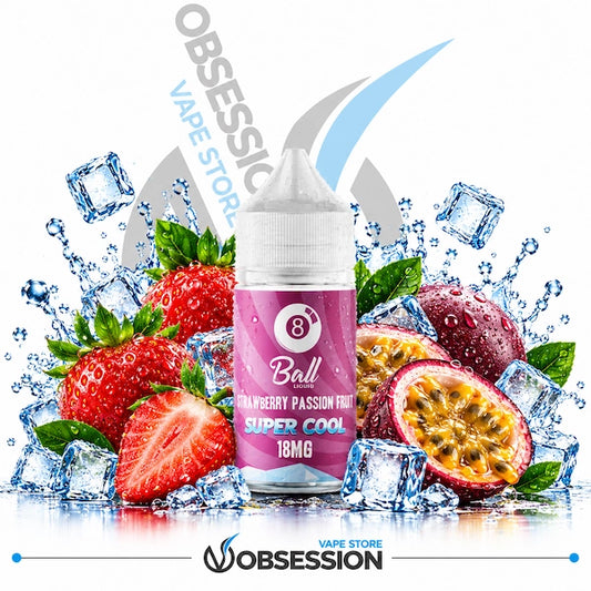 A bottle of Obsessive 8 Ball Strawberry Passion Fruit Super Cool e-liquid centered against a white background, surrounded by fresh strawberries, passion fruit slices, green leaves, and ice cubes. The bottle label is pink and white, and the background features a large 'OBSESIVE VAPE STORE' watermark and a smaller 'OBSESSION' logo at the bottom.