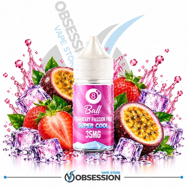 A bottle of Obsession Ball 8 Super Cool e-liquid centered against a white background, surrounded by fresh strawberries, halved passion fruit, ice cubes, and pink liquid splashes. The label reads 'Obsession Ball 8 Strawberry Passion Fruit Super Cool 35MG'.