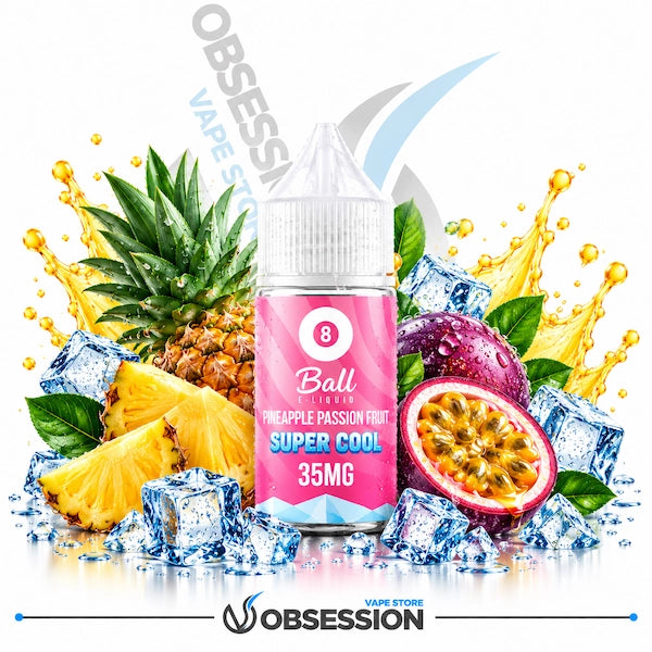 A bottle of 8 Ball Vapes Super Cool e-liquid (35MG) with a pink label, surrounded by fresh pineapple slices, a whole pineapple, a sliced passion fruit, and ice cubes on a white background with a splash graphic.