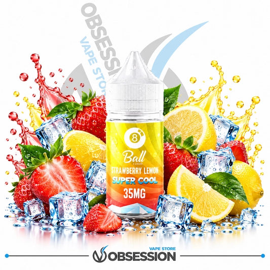 A bottle of Ball 8 Strawberry Lemon Super Cool 35MG e-liquid centered on a white background, surrounded by fresh strawberries, lemons, ice cubes, and water splashes. Large 'OBSESSION VAPE STORE' and 'OBSESS' branding is visible in the background and at the bottom.