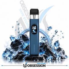 A blue disposable vape device with a digital screen displaying 'PWR 30000' stands upright on a reflective surface surrounded by ice cubes and water splashes. The background is white with a large translucent Obsession Vape Store logo and a smaller 'OBSESSION VAPE STORE' watermark at the bottom.