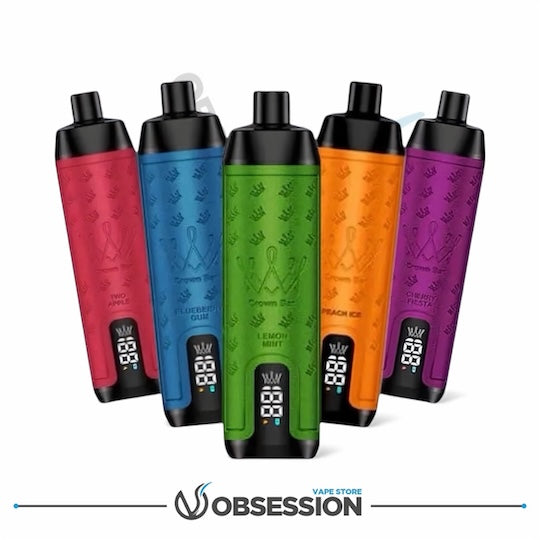 Five colorful vape devices with digital displays on a white background, branded as 'Obsession'.