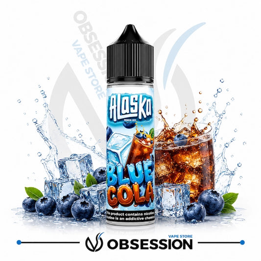 Alaska Blue Cola vape juice bottle with blueberries and cola splashes on a white background.