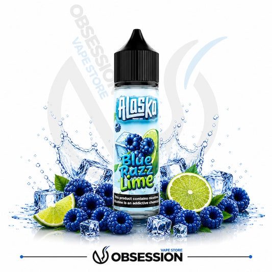 Alaska Blue Razz Lime vape juice bottle with blue raspberries, lime slices, and ice-themed elements on a white background.