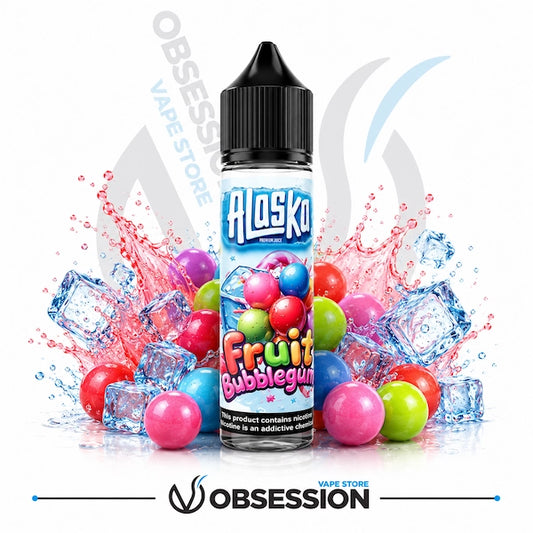 Hlosko Fruity Bubblegum vape juice bottle with colorful candies and ice cubes on a white background.