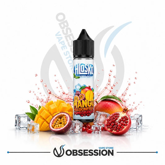 Vape juice bottle with mango, passion fruit, and pomegranate on a white background