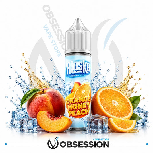 Alaska Orange Honey Peach vape juice bottle with oranges, peaches, and ice cubes on a white background.