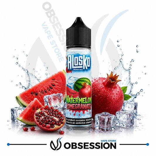 Alaska watermelon pomegranate vape juice with watermelon, pomegranate, and ice cubes on a white background.