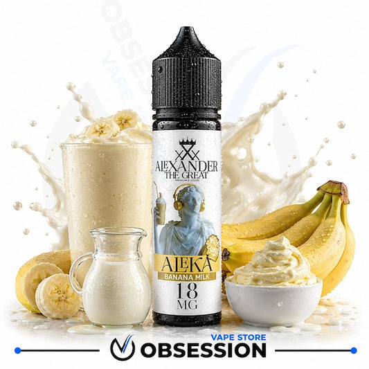 A bottle of Alexander The Great Alexka Banana Milk e-liquid centered on a white background, surrounded by a banana milk smoothie, a small milk pitcher, whipped cream, sliced bananas, and a bunch of bananas. Obsession Vapes branding is visible at the bottom.